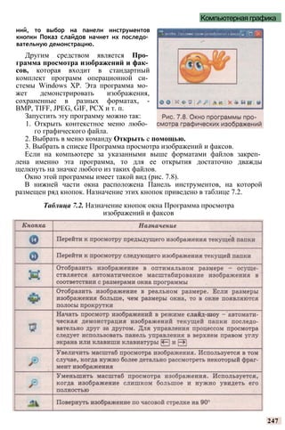 Компьютерная графика
ний, то выбор на панели инструментов
кнопки Показ слайдов начнет их последо­
вательную демонстрацию.
Другим средством является Про­
грамма просмотра изображений и фак­
сов, которая входит в стандартный
комплект программ операционной си­
стемы Windows ХР. Эта программа мо­
жет демонстрировать изображения,
сохраненные в разных форматах, -
BMP, TIFF, JPEG, GIF, PCX и т. п.
Запустить эту программу можно так:
1. Открыть контекстное меню любо­
го графического файла.
2. Выбрать в меню команду Открыть с помощью.
3. Выбрать в списке Программа просмотра изображений и факсов.
Если на компьютере за указанными выше форматами файлов закреп­
лена именно эта программа, то для ее открытия достаточно дважды
щелкнуть на значке любого из таких файлов.
Окно этой программы имеет такой вид (рис. 7.8).
В нижней части окна расположена Панель инструментов, на которой
размещен ряд кнопок. Назначение этих кнопок приведено в таблице 7.2.
Таблица 7.2. Назначение кнопок окна Программа просмотра
изображений и факсов
247
 