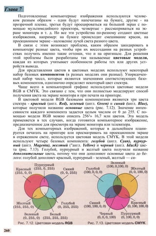 Глава 7
Подготовленные компьютерные изображения используются челове­
ком разным образом - одни будут напечатаны на бумаге, другие - на
прозрачной пленке, третьи будут проецироваться на большой экран с по­
мощью мультимедийного проектора, четвертые - рассматриваться на эк­
ране монитора и т. д. Но все эти устройства по-разному создают цветные
изображения, например: на бумаге происходит смешивание красок, на
проекционном экране - наложение лучей света разного цвета.
В связи с этим возникает проблема, каким образом закодировать в
компьютере разные цвета, чтобы при их воссоздании на разных устрой­
ствах получить именно такие оттенки, что и на оригинале. Для решения
этой проблемы были разработаны так называемые цветовые модели,
каждая из которых учитывает особенности работы тех или других уст­
ройств вывода.
Для представления цветов в цветовых моделях используют некоторый
набор базовых компонентов (в разных моделях они разные). Упорядочен­
ный набор чисел, которые являются значениями соответствующих базо­
вых компонентов, однозначно определяет некоторый цвет спектра.
Чаще всего в компьютерной графике используются цветовые модели
RGB и CMYK. Это связано с тем, что они полностью моделируют способ
получения цвета на экране монитора и при печати на принтере.
В цветовой модели RGB базовыми компонентами являются три цвета
спектра - красный (англ. Red), зеленый (англ. Green) и синий (англ. Blue),
которые получили название основные цвета (рис. 7.12). Значение интен­
сивности каждого компонента задается целым числом от 0 до 255. С по­
мощью модели RGB можно описать 2563» 16,7 млн цветов. Эта модель
применяется в тех случаях, когда готовится компьютерное изображение,
предназначенное для просмотра на экране монитора или телевизора.
Для тех компьютерных изображений, которые в дальнейшем плани­
руется печатать на принтере или просматривать на проекционном экране
в отраженном свете, используется цветовая модель CMYK. В этой модели
используют четыре базовых компонента: голубой (англ. Cyan), пурпур­
ный (англ. Magenta), желтый ("англ. Yellow) и черный (англ. ЫасК) цве­
та (рис. 7.13). Голубой, пурпурный и желтый цвета получили название
дополнительные цвета, потому что они дополняют основные цвета до бе­
лого: голубой дополняет красный, пурпурный - зеленый, желтый — си-
260
 