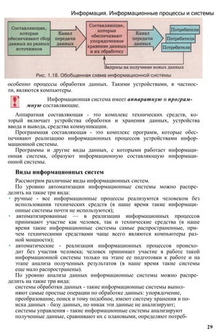 Информация. Информационные процессы и системы
особенно процессы обработки данных. Такими устройствами, в частнос­
ти, являются компьютеры.
Информационная система имеет аппаратную и програм­
мную составляющие.
Аппаратная составляющая - это комплекс технических средств, ко­
торый включает устройства обработки и хранения данных, устройства
ввода и вывода, средства коммуникации.
Программная составляющая - это комплекс программ, которые обес­
печивают реализацию информационных процессов устройствами инфор­
мационной системы.
Программы и другие виды данных, с которыми работает информаци­
онная система, образуют информационную составляющую информаци­
онной системы.
Виды информационных систем
Рассмотрим различные виды информационных систем.
По уровню автоматизации информационные системы можно распре­
делить на такие три вида:
• ручные - все информационные процессы реализуются человеком без
использования технических средств (в наше время такие информаци­
онные системы почти не используются);
• автоматизированные — в реализации информационных процессов
принимают участие как человек, так и технические средства (в наше
время такие информационные системы самые распространенные, при­
чем техническими средствами чаще всего являются компьютеры раз­
ной мощности);
• автоматические - реализация информационных процессов происхо­
дит без участия человека; человек принимает участие в работе такой
информационной системы только на этапе ее подготовки к работе и на
этапе анализа полученных результатов (в наше время такие системы
еще мало распространены).
По уровню анализа данных информационные системы можно распре­
делить на такие три вида:
системы обработки данных - такие информационные системы выпол­
няют самые простые операции по обработке данных: упорядочение,
преобразование, поиск и тому подобное, имеют систему хранения и по­
иска данных - базу данных, но никак эти данные не анализируют;
системы управления - такие информационные системы анализируют
полученные данные, сравнивают их с плановыми, определяют потреб­
29
 