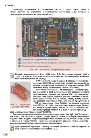 Глава 2
Процессор вставляется в специальное место - сокет (англ. socket -
гнездо, розетка) на системной (материнской) плате (рис. 2.6), которая, в
свою очередь, размещается в системном блоке.
Первый микропроцессор Intel 4004 (рис. 2.7) был создан фирмой Intel в
1971 г. и широко использовался в калькуляторах. Процессор был 4-разряд-
ный и мог выполнять 45 команд.
В 1974 г. была создана модель 8-разрядного микропро­
цессора Intel 8080, который стал основой для разработки
первых персональных компьютеров (компьютер Altair 8800
компании MITS). Он выполнял свыше 250 команд.
Усовершенствованный 16-разрядный микропроцес­
сор появился в 1978 г. Став базой для создания первого
персонального компьютера фирмы IBM, эти микропро­
цессоры приобрели широкое распространение и поло­
жили начало серии 80x86 (80286, 80386, 80486) микро­
процессоров корпорации Intel. Эту серию продолжили в
1993 г. процессоры типа Pentium (начальное название
Intel 80586). В 1999 г. для недорогих компьютеров был на­
чат выпуск процессоров Celeron. В 2000 г. впервые по­
явился процессор Pentium 4. С 2006 г. начато производ­
ство многоядерных процессоров Intel CORE.
Среди фирм-производителей микропроцессоров, таких как AMD, VIA Technology,
Transmeta, IBM, Motorola и других, только AMD составила достойную конкуренцию
лидеру - Intel. Модели микропроцессоров AMD-сначала К5и Кб, потом Athlon, Duron
и Sempron, а теперь Phenom - с успехом конкурируют с разными типами микропро­
цессоров фирмы Intel для персональных компьютеров.
Для сравнения приводим таблицу значений основных свойств первого и
современного микропроцессоров (табл. 2.2).
40
 