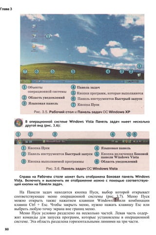 Справа на Рабочем столе может быть отображена Боковая панель Windows
Vista. Включить и выключить ее отображение можно с помощью соответствую­
щей кнопки на Панели задач.
На Панели задач находится кнопка Пуск, выбор которой открывает
соответствующее меню операционной системы (рис._3.7). Меню Пуск
можно открыть также нажатием клавиши Windows или комбинации
клавиш Ctrl + Esc. Чтобы закрыть меню, нужно нажать клавишу Esc или
выбрать любую точку экрана вне границ меню.
Меню Пуск условно разделено на несколько частей. Левая часть содер­
жит команды для запуска программ, которые установлены в операционной
системе. Эта область разделена горизонтальными линиями на три части.
80
Глава 3
В операционной системе Windows Vista Панель задач имеет несколько
другой вид (рис. 3.6):
 