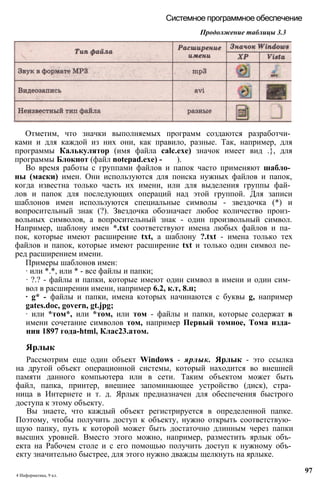 Системное программное обеспечение
Продолжение таблицы 3.3
Отметим, что значки выполняемых программ создаются разработчи­
ками и для каждой из них они, как правило, разные. Так, например, для
программы Калькулятор (имя файла calc.exe) значок имеет вид .}, для
программы Блокнот (файл notepad.exe) - ).
Во время работы с группами файлов и папок часто применяют шабло­
ны (маски) имен. Они используются для поиска нужных файлов и папок,
когда известна только часть их имени, или для выделения группы фай­
лов и папок для последующих операций над этой группой. Для записи
шаблонов имен используются специальные символы - звездочка (*) и
вопросительный знак (?). Звездочка обозначает любое количество произ­
вольных символов, а вопросительный знак - один произвольный символ.
Например, шаблону имен *.txt соответствуют имена любых файлов и па­
пок, которые имеют расширение txt, а шаблону ?.txt - имена только тех
файлов и папок, которые имеют расширение txt и только один символ пе­
ред расширением имени.
Примеры шаблонов имен:
∙ или *.*, или * - все файлы и папки;
∙ ?.? - файлы и папки, которые имеют один символ в имени и один сим­
вол в расширении имени, например 6.2, к.т, 8.п;
∙ g* - файлы и папки, имена которых начинаются с буквы g, например
gates.doc, govern, gt.jpg;
∙ или *том*, или *том, или том - файлы и папки, которые содержат в
имени сочетание символов том, например Первый томное, Тома изда­
ния 1897 года-html, Клас23.атом.
Ярлык
Рассмотрим еще один объект Windows - ярлык. Ярлык - это ссылка
на другой объект операционной системы, который находится во внешней
памяти данного компьютера или в сети. Таким объектом может быть
файл, папка, принтер, внешнее запоминающее устройство (диск), стра­
ница в Интернете и т. д. Ярлык предназначен для обеспечения быстрого
доступа к этому объекту.
Вы знаете, что каждый объект регистрируется в определенной папке.
Поэтому, чтобы получить доступ к объекту, нужно открыть соответствую­
щую папку, путь к которой может быть достаточно длинным через папки
высших уровней. Вместо этого можно, например, разместить ярлык объ­
екта на Рабочем столе и с его помощью получить доступ к нужному объ­
екту значительно быстрее, для этого нужно дважды щелкнуть на ярлыке.
4 Информатика, 9 кл.
97
 