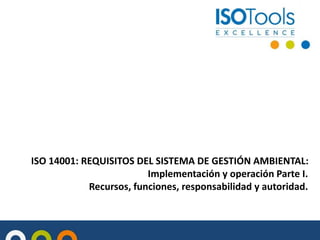 ISO 14001: REQUISITOS DEL SISTEMA DE GESTIÓN AMBIENTAL:
Implementación y operación Parte I.
Recursos, funciones, responsabilidad y autoridad.
 