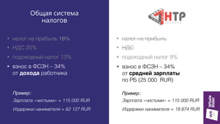 • взнос в ФСЗН – 34%  
от средней зарплаты  
по РБ (25 000 RUR)
• взнос в ФСЗН – 34%  
от дохода работника
Пример:
Зарплата «чистыми» = 115 000 RUR
Издержки нанимателя = 62 127 RUR
Пример:
Зарплата «чистыми» = 115 000 RUR
Издержки нанимателя = 19 874 RUR
Общая система
налогов
• подоходный налог 13% • подоходный налог 9%
• налог на прибыль 18% • налог на прибыль
• НДС• НДС 20%
 