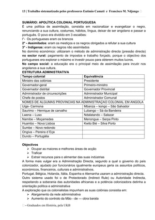13 | Trabalho sistematizado pelos professores Eutímio Camati e Francisco M. Ndjongo ᴥ
ᴥ- Graduados em História, pela UKB
SUMÁRIO: APOLÍTICA COLONIAL PORTUGUESA
È uma política de assimilação, consistia em nacionalizar e evangelizar o negro,
renunciando a sua cultura, costumes, hábitos, língua, deixar de ser angolano e passar a
português. O povo era dividido em 3 escalões:
l°- Os portugueses eram os brancos
2° - Assimilados: eram os mestiços e os negros obrigados a refutar a sua cultura
3° - Indígenas: eram os negros não assimilados
No domínio económico: utilizaram o método de administração directa (pressão directa)
no sector rural: pagamento de impostos e trabalho forçado, porque o objectivo dos
portugueses era explorar o máximo e investir pouco para obterem muitos lucros.
No campo social: a educação era o principal meio de assimilação para incutir nos
angolanos a sua cultura.
ESTRUTURA ADMINISTRATIVA
Tempo colonial Equivalência
Ministro das colónias Presidente
Governador-geral Primeiro-ministro
Governador distrital Governador Provincial
Administrador de circunscrições Administrador Municipal
Chefe de postos Administrador Comunal
NOMES DE ALGUMAS PROVINCIAS NA ADMINISTRAÇAO COLONIAL EM ANGOLA
Uige- Carmona Mbanza – kongo – São Salvador
Saurimo – Henrique de carvalho Lubango – Sá da Bandeira
Lwena – Luso Ndalatando – Salazar
Namibe – Moçamedes Menongue – Serpa Pinto
Huambo – Nova Lisboa Kwito Bié – Silva Porto
Sumbe – Novo redondo
Ongiva – Pereira d´Eça
Dundo – Portugália
Objectivos
 Ocupar as maiores e melhores áreas de acção
 Traficar
 Extrair recursos para o alimentar das suas indústrias
A forma mais vulgar era a Administração Directa, segundo a qual o governo do país
colonizador, ajudado por funcionários igualmente europeus geria os assuntos políticos,
económicos, financeiros, culturais e administrativos.
Portugal, Bélgica, Holanda, Itália, Espanha e Alemanha usaram a administração directa.
Outro sistema usado foi o de Protectorado (lndirect Rule) ou Autoridade Indirecta,
respeitando a soberania das autoridades africanas e a potência colonizadora detinha a
orientação política e administrativa
A exploração que os colonialistas impunham as suas colónias consistia em:
 Alargamento da rede administrativa
 Aumento do controlo da Mão - de — obra barata
 