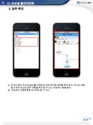 13. 모바일 클라이언트2. 회의와 업무의 연계* 회의 내용에 따른 후속 업무와의 연계를 시스템으로 지원하는 솔루션으로 회의 후 사장되기 쉬운 업무 할당을 즉시적으로 지원한다.⑦⑧회의후속 업무 연계 – 실행할 업무를 선택하고 언제까지 완료 할지 듀데이트를세팅하며, 필요에 따라 적절한 코멘트를 입력하여 업무전달을 한다.해당담당자는 모바일로 업무 전달 알림 SMS를 받고 ‘모비’의 ‘업무관리’에 접속 하여