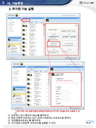 15. 기능확장1. 신규 기능 추가①②③가져오기 선택 시 기능을 추가 할 수 있는 팝업이 뜨고, 구입한 패키지 중 원하는 것을 파일 선택 하고‘완료처리’를 선택하면 추가 될 기능의 구성요소들이 보여지고 ‘Submit’ 버튼을 선택하면 확장 기능 추가가 완료된다.