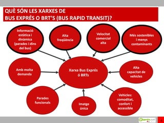 QUÈ SÓN LES XARXES DE
BUS EXPRÉS O BRT’S (BUS RAPID TRANSIT)?
     Informació
      estàtica i                 Alta               Velocitat          Més sostenibles
      dinàmica                freqüència            comercial              i menys
   (parades i dins                                    alta              contaminants
       del bus)




                                                                          Alta
    Amb molta                        Xarxa Bus Exprés                 capacitat de
     demanda                              ó BRTs                        vehicles




                                                                 Vehicles:
                  Parades                                       comoditat,
                 funcionals                Imatge                confort i
                                            única               accessible


                                                                                         4
 
