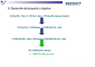 3. Desarrollo del proyecto y objetivo

 1,0 Kg CO2 / Km x ≈ 175 Km / day = 175 Kg CO2 day per Coach




        175 Kg CO2 x 100 Buses = 17.500 Kg CO2 / day




   17.500 Kg CO2 / day x 340 days = 5.950.000 Kg CO2 / year




                    25 % Reduction means:
                     ≈ - 1.487 Tm. CO2 per year



                                                               40.70.10.V02_Präsentationsvorlage Quer EDAG
 