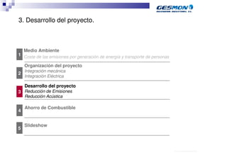 3. Desarrollo del proyecto.



    Medio Ambiente
1 Coste de las emisiones por generación de energía y transporte de personas

    Organización del proyecto
    Integración mecánica
2
    Integración Eléctrica

    Desarrollo del proyecto
3 Reducción de Emisiones
    Reducción Acústica

    Ahorro de Combustible
4


    Slideshow
5



                                                                              40.70.10.V02_Präsentationsvorlage Quer EDAG
 