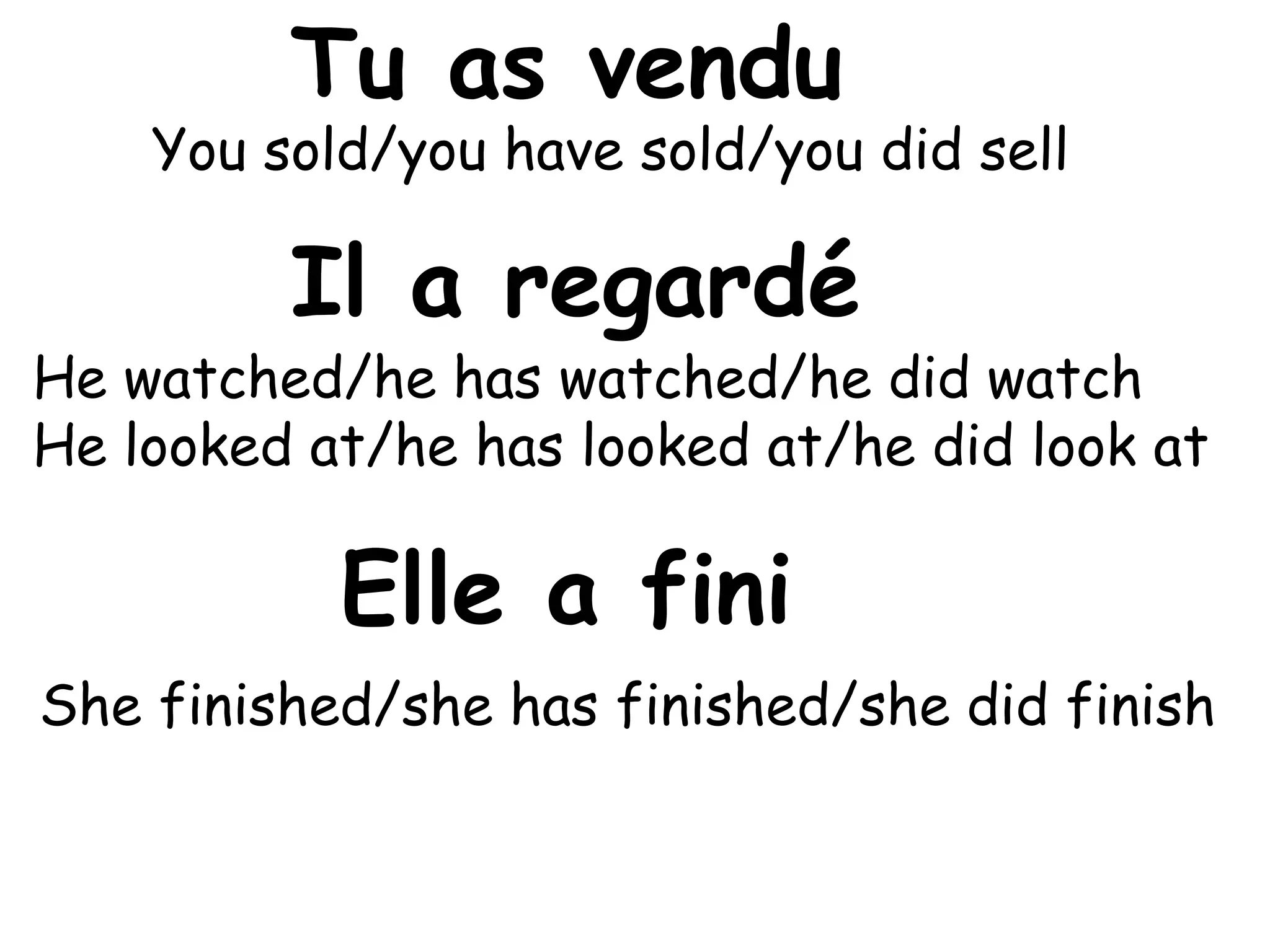 Tu as venduYou sold/you have sold/you did sellIl a regardéHe watched/he has watched/he did watchHe looked at/he has looked at/he did look atElle a finiShe finished/she has finished/she did finish
