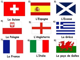 1)2)3)L’EspagneL’EcosseLa Suisse4)6)5)La PologneL’AngleterreLa Grèce7)8)9)L’ItalieLe pays de GallesLa France
