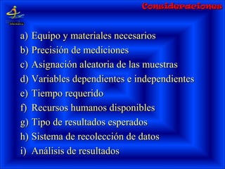ConsideracionesConsideraciones
a)a) Equipo y materiales necesariosEquipo y materiales necesarios
b)b) Precisión de medicionesPrecisión de mediciones
c)c) Asignación aleatoria de las muestrasAsignación aleatoria de las muestras
d)d) Variables dependientes e independientesVariables dependientes e independientes
e)e) Tiempo requeridoTiempo requerido
f)f) Recursos humanos disponiblesRecursos humanos disponibles
g)g) Tipo de resultados esperadosTipo de resultados esperados
h)h) Sistema de recolección de datosSistema de recolección de datos
i)i) Análisis de resultadosAnálisis de resultados
 