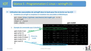 01/11/2019 Colloque GEII Longwy 18
IOT Séance 5 : Programmation C Linux – wiringPi (1)
Utilisation des executables de wiringPi dans le bash pour lire et écrire sur les E/S
Installation de wiringPi et compilation et installation des executables et bibliothèques
Exemples de commandes pour la broche 0
git clone https://github.com/zhaolei/WiringOP.git -b h3
cd WiringOP
chmod +x ./build
sudo ./build
gpio mode 3 out
gpio write 3 1
gpio mode 21 up
gpio mode 21 down
gpio mode 21 tri
gpio read 21
0
gpio readall
lecture
Choix du
mode
écriture
 