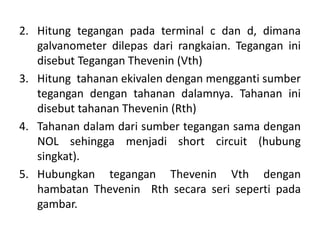 2. Hitung tegangan pada terminal c dan d, dimana
galvanometer dilepas dari rangkaian. Tegangan ini
disebut Tegangan Thevenin (Vth)
3. Hitung tahanan ekivalen dengan mengganti sumber
tegangan dengan tahanan dalamnya. Tahanan ini
disebut tahanan Thevenin (Rth)
4. Tahanan dalam dari sumber tegangan sama dengan
NOL sehingga menjadi short circuit (hubung
singkat).
5. Hubungkan tegangan Thevenin Vth dengan
hambatan Thevenin Rth secara seri seperti pada
gambar.
 