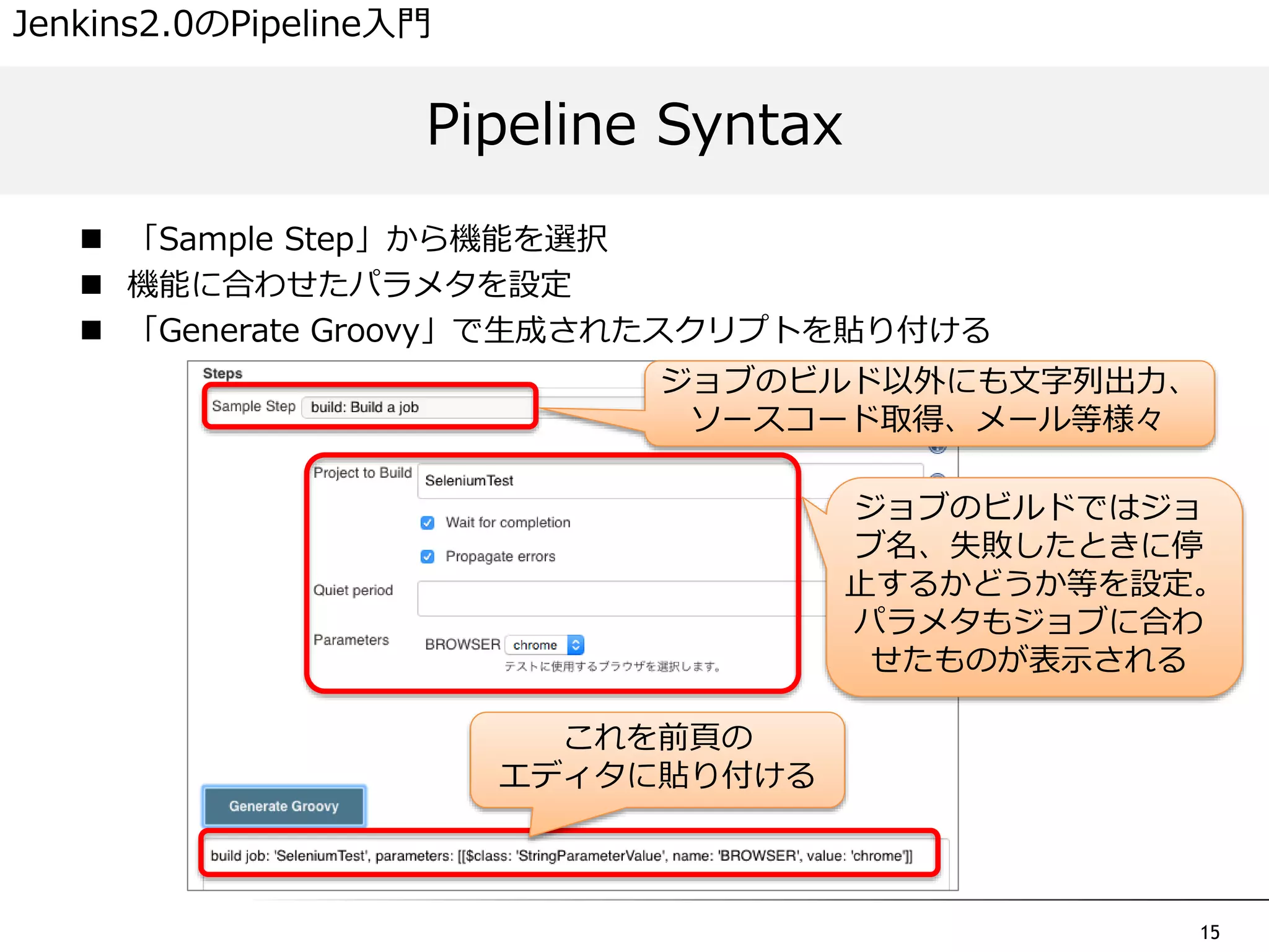 15
 「Sample Step」から機能を選択
 機能に合わせたパラメタを設定
 「Generate Groovy」で生成されたスクリプトを貼り付ける
Pipeline Syntax
Jenkins2.0のPipeline入門
ジョブのビルド以外にも文字列出力、
ソースコード取得、メール等様々
これを前頁の
エディタに貼り付ける
ジョブのビルドではジョ
ブ名、失敗したときに停
止するかどうか等を設定。
パラメタもジョブに合わ
せたものが表示される
 