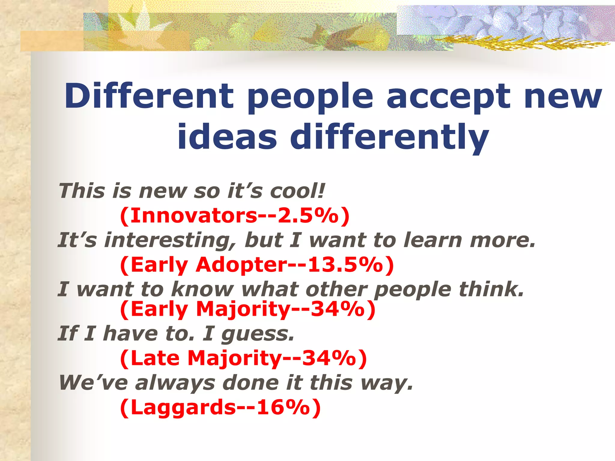 Different people accept new
ideas differently
This is new so it’s cool!
(Innovators--2.5%)
It’s interesting, but I want to learn more.
(Early Adopter--13.5%)
I want to know what other people think.
(Early Majority--34%)
If I have to. I guess.
(Late Majority--34%)
We’ve always done it this way.
(Laggards--16%)
 
