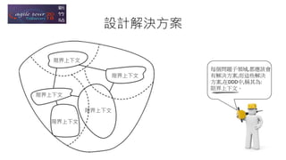 設計解決方案
每個問題子領域,都應該會
有解決方案,而這些解決
方案,在DDD中,稱其為:
限界上下文。
限界上下文
限界上下文
限界上下文
限界上下文
限界上下文
 