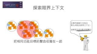 在事件風暴中,先找出
聚合,再找出限界上下文。
這就是先求內聚,再看耦合
探索限界上下文
把相同功能目標的聚合收攏在一起
 