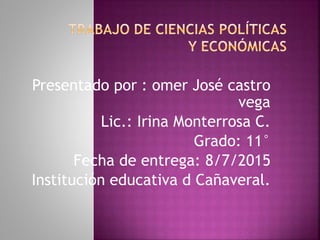 Presentado por : omer José castro
vega
Lic.: Irina Monterrosa C.
Grado: 11°
Fecha de entrega: 8/7/2015
Institución educativa d Cañaveral.
 