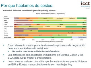 Slide 2 
Por que hablamos de costos:! 
§ Es un elemento muy importante durante los procesos de negociación 
de nuevos estándares de emisiones! 
§ Requerida para hacer análisis de costo/beneficio ! 
§ Los estándares son adoptados inicialmente en Europa, Japón y los 
EUA, para luego migrar a otros países.! 
§ Los costos se reducen con el tiempo: las estimaciones que se hicieron 
en EUA y Europa muy probablemente son mas bajas hoy! 
 