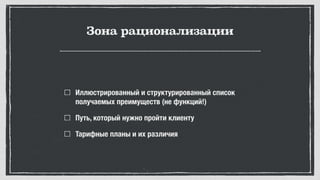 Зона рационализации
Иллюстрированный и структурированный список
получаемых преимуществ (не функций!)
Путь, который нужно пройти клиенту
Тарифные планы и их различия
 