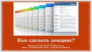Как сделать лендинг?
Кардинально, есть всего два пути: путь добра и путь зла. 
Первый — на стороннем сервисе, второй — силами своих программистов.
 