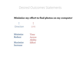 Minimize my effort to find photos on my computer 
Desired Outcomes Statements 
Minimize 
Reduce 
Maximize 
Increase 
Time 
Access 
Ability 
Effort 
Direction 
Unit  