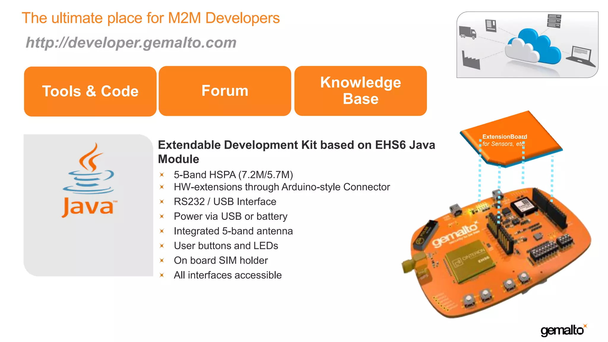 14
The ultimate place for M2M Developers
ExtensionBoard
for Sensors, etc.
Extendable Development Kit based on EHS6 Java
Module
5-Band HSPA (7.2M/5.7M)
HW-extensions through Arduino-style Connector
RS232 / USB Interface
Power via USB or battery
Integrated 5-band antenna
User buttons and LEDs
On board SIM holder
All interfaces accessible
Forum
Knowledge
BaseTools & Code
http://developer.gemalto.com