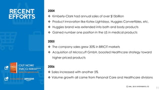 2004 
 Kimberly-Clark had annual sales of over $15billion 
 Product innovation like Kotex Lightdays, Huggies Convertibles, etc. 
 Huggies brand was extended into bath and body products 
 Gained number one position in the US in medical products 
2005 
 The company sales grew 30% in BRICIT markets 
 Acquisition of Microcuff GmbH, boosted Healthcare strategy toward higher 
priced products 
2006 
 Sales increased with another 5% 
 Volume growth all came from Personal Care and Healthcare divisions 
11 
 