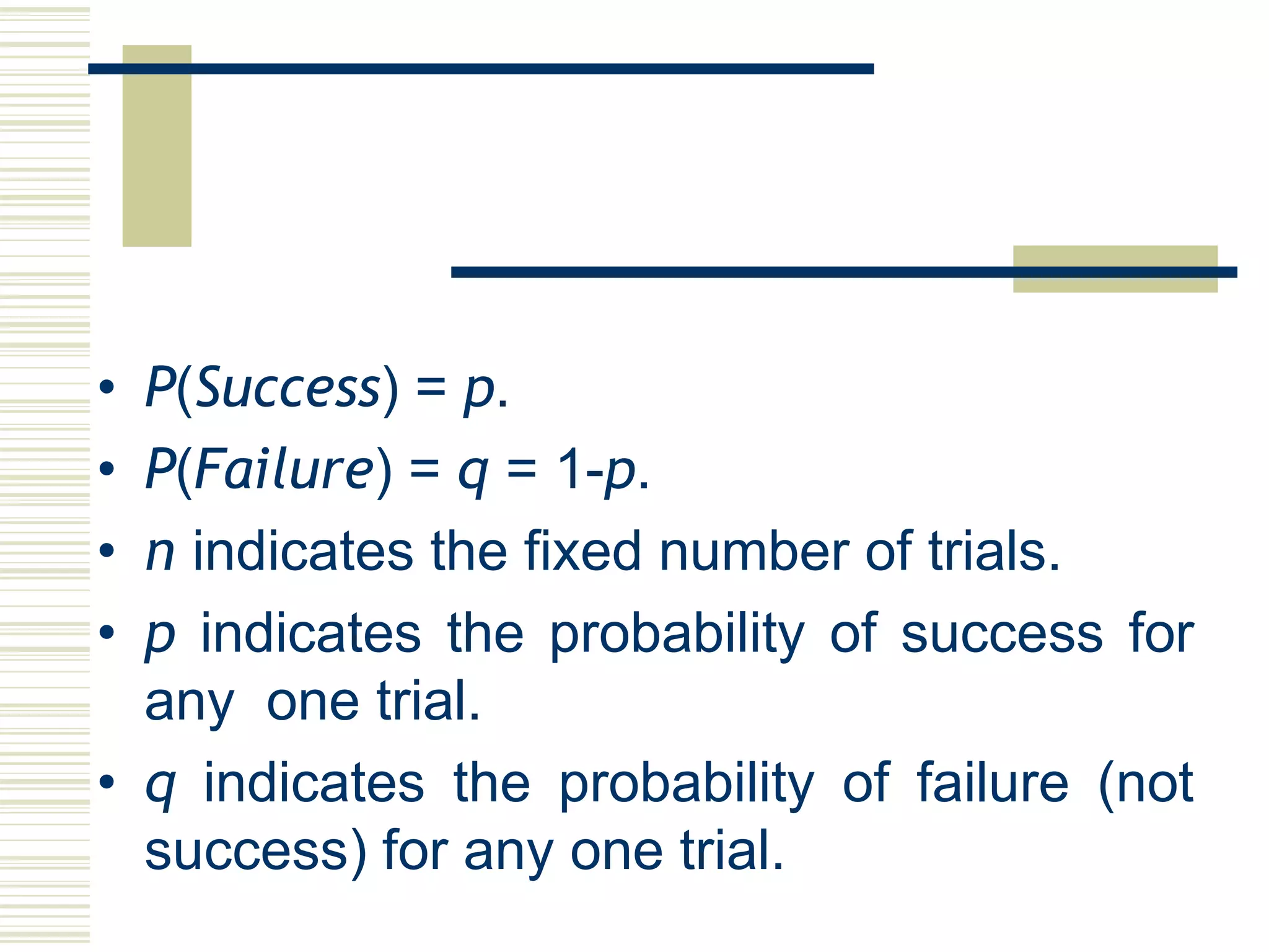 • P(Success) = p.
• P(Failure) = q = 1-p.
• n indicates the fixed number of trials.
• p indicates the probability of success for
any one trial.
• q indicates the probability of failure (not
success) for any one trial.
 