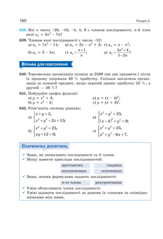 Розділ 3.160
638. Які з чисел –20, –10, –5, 4, 9 є членом послідовності, n-й член
якої an 2n2
– 7n?
639. Членом якої послідовності є число –12:
а) an 7n2
– 11; в) an 2n – n2
3; ґ) an n – n2
;
б) an 3 – 5n; г)
1
;n
n
a
n
+
= д)
2
5 4
?
1 2
n
n
a
n
+
=
−
ВПРАВИ ДЛЯ ПОВТОРЕННЯ
640. Торговельна організація купила за 2500 грн два предмети і після
їх продажу одержала 40 % прибутку. Скільки заплатила органі-
зація за кожний предмет, якщо перший приніс прибутку 25 %, а
другий — 50 %?
641. Побудуйте графік функції:
а) y x2
3; в) y (x – 4)2
;
б) y x2
– 2; г) y (x 3)2
.
642. Розв’яжіть систему рівнянь:
а)
x y
x y x
+ =⎧
⎨
+ − =⎩
2 2
5,
2 15;
в)
( )
x y
x y
⎧ + =⎪
⎨
− + =⎪⎩
2 2
2 2
25,
4 9;
б)
x y
xy
⎧ + =
⎨
+ =⎩
2 2
25,
12 0;
г)
x y
x y x
⎧ + =⎪
⎨
+ − =⎪⎩
2 2
2 2
25,
6 7.
СКАРБНИЧКА ДОСЯГНЕНЬ
Знаю, як позначають послідовності та її члени.
Можу навести приклади послідовностей:
зростаючих спадних
нескінченних скінченних
Знаю, якими формулами задають послідовності:
n-го члена рекурентними
Умію обчислювати члени послідовності.
Умію задавати послідовності за даними їх членами та співвідно-
шеннями між ними.
 