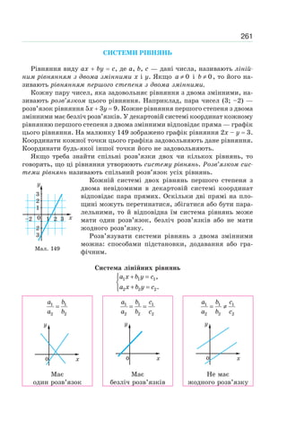 261
СИСТЕМИ РІВНЯНЬ
Рівняння виду ax by c, де a, b, c — дані числа, називають ліній-
ним рівнянням з двома змінними x і y. Якщо a ≠ 0 і b ≠ 0, то його на-
зивають рівнянням першого степеня з двома змінними.
Кожну пару чисел, яка задовольняє рівняння з двома змінними, на-
зивають розв’язком цього рівняння. Наприклад, пара чисел (3; –2) —
розв’язок рівняння 5x 3y 9. Кожне рівняння першого степеня з двома
змінними має безліч розв’язків. У декартовій системі координат кожному
рівнянню першого степеня з двома змінними відповідає пряма — графік
цього рівняння. На малюнку 149 зображено графік рівняння 2x – y 3.
Координати кожної точки цього графіка задовольняють дане рівняння.
Координати будь-якої іншої точки його не задовольняють.
Якщо треба знайти спільні розв’язки двох чи кількох рівнянь, то
говорять, що ці рівняння утворюють систему рівнянь. Розв’язком сис-
теми рівнянь називають спільний розв’язок усіх рівнянь.
Кожній системі двох рівнянь першого степеня з
двома невідомими в декартовій системі координат
відповідає пара прямих. Оскільки дві прямі на пло-
щині можуть перетинатися, збігатися або бути пара-
лельними, то й відповідна їм система рівнянь може
мати один розв’язок, безліч розв’язків або не мати
жодного розв’язку.
Розв’язувати системи рівнянь з двома змінними
можна: способами підстановки, додавання або гра-
фічним.
Система лінійних рівнянь
a x b y c
a x b y c
+ =⎧
⎨
+ =⎩
1 1 1
2 2 2
,
.
a b
a b
=1 1
2 2
a b c
a b c
= =1 1 1
2 2 2
1 1 1
2 2 2
a b c
a b c
= ≠
Має
один розв’язок
Має
безліч розв’язків
Не має
жодного розв’язку
Мал. 149
 