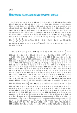 262
ВІДПОВІДІ ТА ВКАЗІВКИ ДО ЗАДАЧ І ВПРАВ
9. а) m n. 10. а) y x. 17. a) 2x 3 3x – 2. 19. в) y(–8) y(0).
23. а) Так; б) ні. 28. а) 5m 1 19 – 3m. 30. Перша; у 2019 разів.
33. x 1,5. 34. x 1,5. 37. 2. 39. а) b a. 40. а) x y. 44. б) a b.
45. а) 186,5; в) – 0,5. 46. а) 1; в) –2; ґ) 10. 47. б) 5; г) 12. 48. а) с2
; в) 1;
д) 0. 49. б) 0. 50. а) 6 a в) 8; ґ) 2. 51. а) – 5 і – 3; б) – 2 і 9; д) –0,25.
52. а) (–2; 5). 55. 20 %. 59. а) Додатне. 65. а) a b. 69. б) 1,5a 1,5b.
70. б) Від’ємне. 71. в) 5 x 6 z. 72. а) 10 24. 74. б) – 0,1 m – 0,1 n;
г) 1 – m 1 – n; ґ) 5m – 1 5n – 1. 75. б) x2
xy. 76. в) x y− > − .
78.
b
1
,
d
1
,
c
1
,
a
1
. 81. а) Так. 83. 1 – В, 2 – Д, 3 – Г, 4 – А. 86. а) Ні.
89. б) (3x 1)(2x – 1); г) (с 2 2 )(с– 2 ). 94. а) 0. 97. а) 3 x 12.
99. а) 7 n 8.
103. а) 6 x – y 8. 104. а) 15 xy 28. 105. а) 2
x
y
3.
106. а) – 3 2x 3 13; в) –3 2 – x 5. 108. в) 3,58 · 106
V
3,66 · 106
. 113. г) 1. 122. а) –1 x 2. 123. О 12 год. 125. а) (4; 2).
127. б) x – 3; д) R. 128. а) Жодного; д) безліч. 131. а) х 3; ґ) y 9.
132. а) x 5; г) x – 5. 133. в) x 0; ґ) x 1. 134. а) x 1 ; в) x 0;
ґ) z 0,25. 135. б) Так; г) ні. 136. а) x 3; б) у 2; в) x 5; г) x – 6.
137. а) x – 13; б) x 1; в) x 3; г) x – 2. 138. а) x 1; б) x 5;
в) x 3; г) x 0; д) розв’язків немає. 140. б) x 20. 141. а) x – 5;
б) x –2,6. 142. а) x 1. 143. а) x 8; б) x –2,5. 144. а) x 4,2;
в) x 0; г) x –7,5; ґ) x –2; е) x 8. 145. б) x 7; в) x –6;
г) x 0; е) x 24. 146. а) x 4; б) x 9; в) x 0. 147. а) x 1,8;
в) x –2. 149. а) 4. 150. б) –4. 153. в) x 2; д) x 2. 154. а) х –2;
б) х 11,5. 155. б) х 7; в) z 0,65. 157. а) x 5. 158 а) с 2;
б) z 1. 159 а) х 1,2; б) х 17,5; д) х 0. 160 в) R; г) Розв’язків
немає. 161 б) х 0; в) х 1,5. 162. [0;4). 163. а) х 4; б) [0; 1]; в) х 4.
165. Не більш ніж
2
25
3
км. 166. а) x –0,5; б) x –1; в) R; г) х 5,8.
167. а) –0,4 x 1; б) –1 x 1; в) 1 x 4; г) –0,05 x 0,7;
ґ) –0,1 x 0,1; д) –1,6 x 4,2; е) 2 x 3. 168. а) 3; б) 3; в)1;
г) –10. 169. а) –5 x 5; б) –4 x 10; в) 1 x 2. 170. б) –10 x –4;
в) –0,2 x 0,6. 170. б) –10 x –4. 171. б) Якщо a 0, то x 0;
якщо a 0, то x ∈. R; якщо a 0, то x 0; в) Якщо a 0,5, то
x 2a – 1; якщо a 0,5, то розв’язків немає; якщо a 0,5, то x 2a – 1;
г) якщо a 0, то x 1; якщо a 0, то розв’язків немає; якщо a 0,
то x 1. ґ) якщо a 0, то x ∈ R; якщо a 0, то x 0.
173. а) 1,2 · 106
; б) – 7,5 · 10–7
; в) 1,764 · 1019
; г) 8,88 · 1013
. 175. На 50 %.
177. а) (0;2); б))(0;1); в) (1;5); г) (– ;3). 178. а) (0;1); б))(0,5;1); в) {2}; г) ∅ .
 