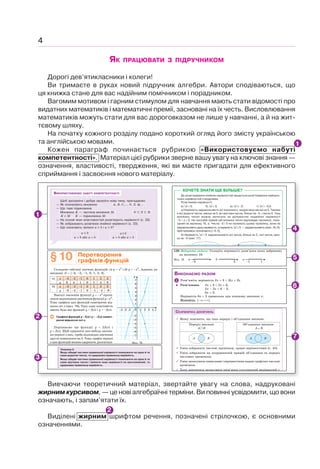 4
ЯК ПРАЦЮВАТИ З ПІДРУЧНИКОМ
Дорогі дев’ятикласники і колеги!
Ви тримаєте в руках новий підручник алгебри. Автори сподіваються, що
ця книжка стане для вас надійним помічником і порадником.
Вагомим мотивом і гарним стимулом для навчання мають стати відомості про
видатних математиків і математичні премії, засновані на їх честь. Висловлювання
математиків можуть стати для вас дороговказом не лише у навчанні, а й на жит-
тєвому шляху.
На початку кожного розділу подано короткий огляд його змісту українською
та англійською мовами.
Кожен параграф починається рубрикою «Використовуємо набуті
компетентності». Матеріал цієї рубрики зверне вашу увагу на ключові знання —
означення, властивості, твердження, які ви маєте пригадати для ефективного
сприймання і засвоєння нового матеріалу.
Вивчаючи теоретичний матеріал, звертайте увагу на слова, надруковані
жирним курсивом, — це нові алгебраїчні терміни. Ви повинні усвідомити, що вони
означають, і запам’ятати їх.
Виділені жирним шрифтом речення, позначені стрілочкою, є основними
означеннями.
1
2
1
2
3
6
4
5
7
ХОЧЕТЕ ЗНАТИ ЩЕ БІЛЬШЕ?
До розв’язування лінійних нерівностей зводиться розв’язування найпрос-
тіших нерівностей з модулями.
Розв’яжемо нерівності:
а) 5;x < б) 3;x > в) 2;x ≤ − г) 0,5.x > −
а) Нерівність задовольняють усі значення x, модулі яких менші за 5. Такими
є всі додатні числа, менші за 5, всі від’ємні числа, більші за –5, і число 0. Таку
множину чисел можна записати за допомогою подвійної нерівності
–5 x 5. На числовій прямій цій множині чисел відповідає проміжок, пока-
заний на малюнку 16, а. Числа –5 і 5 не належать цьому проміжку, вони не
задовольняють дану нерівність, а нерівність 5x ≤ — задовольняють (мал. 16, б).
Цей проміжок позначають [–5; 5].
б) Нерівність 3x > задовольняють усі числа, більші за 3, і всі числа, мен-
ші за –3 (мал. 17).
5 50 5 50
ВИКОНАЄМО РАЗОМ
1 Розв’яжіть нерівність 2x 3 2(x 3).
Розв’язання. 2x 3 2x 6,
2x – 2x 6 – 3,
0x 3.
Нерівність 0x 3 правильна при кожному значенні x.
Відповідь. ( ); .−∞ + ∞
СКАРБНИЧКА ДОСЯГНЕНЬ
Можу пояснити, що таке переріз і об’єднання множин.
Переріз множин
A B
Об’єднання множин
A B
А B А B
Умію зображати числові проміжки, задані нерівностями (с. 45)
Умію зображати на координатній прямій об’єднання та переріз
числових проміжків.
Умію записувати символами і нерівностями задані графічно числові
проміжки.
Хочу навчитися записувати розв’язки сукупностей нерівностей у
Теорема 3.
Якщо обидві частини правильної нерівності помножити на одне й те
саме додатне число, то одержимо правильну нерівність.
Якщо обидві частини правильної нерівності помножити на одне й те
саме від’ємне число і змінити знак нерівності на протилежний, то
одержимо правильну нерівність.
§10 Перетворення
графіків функцій
Складемо таблиці значень функцій: а) y x2
і б) y –x2
, заданих на
множині D {–3, –2, –1, 0, 1, 2, 3}.
а) x –3 –2 –1 0 1 2 3
y 9 4 1 0 1 4 9
б) x –3 –2 –1 0 1 2 3
y –9 –4 –1 0 –1 –4 –9
Взагалі значення функції y –x2
проти-
лежні відповідним значенням функції y x2
.
Тому графіки цих функцій симетричні від-
носно осі x (мал. 76). Таку саму властивість
мають будь-які функції y f(x) і y –f(x).
Графіки функцій y f(x) і y –f(x) симет-
ричні відносно осі x.
Порівняємо ще функції y 2f(x) і
y f(x). Щоб одержати яке-небудь значен-
ня першої з них, треба відповідне значення
другої помножити на 2. Тому графік першої
з цих функцій можна одержати, розтягнув-
2
2
3
4
5
6
7
4 3 0
1
6
7
5
4
3
2
1 2 3 4 x
y
Мал. 76
Щоб зрозуміти і добре засвоїти нову тему, пригадаємо:
— Як позначають множини А, В, С,…, N, Z, Q… .
— Що таке підмножина
Множина K — частина множини М. N Z R.
K M⊂ K — підмножина М.
— На основі яких властивостей розв’язують нерівності (с. 32).
— Як зображають розв’язки лінійної нерівності (с. 33).
— Що означають записи а b і а b?
а b a b≥
а b або а b а b або а b
ВИКОРИСТОВУЄМО НАБУТІ КОМПЕТЕНТНОСТІ
129. Відкрита задача. Складіть нерівності, розв’язки яких зображено
на малюнку 18.
Мал. 18 а
3
б
2
в
11
 
