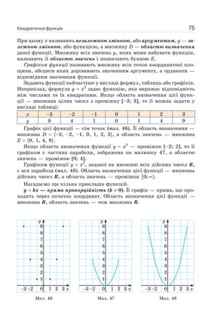 Квадратична функція 75
При цьому x називають незалежною змінною, або аргументом, y — за-
лежною змінною, або функцією, а множину D — областю визначення
даної функції. Множину всіх значень у, яких може набувати функція,
називають її областю значень і позначають буквою E.
Графіком функції називають множину всіх точок координатної пло-
щини, абсциси яких дорівнюють значенням аргументу, а ординати —
відповідним значенням функції.
Задають функції найчастіше у вигляді формул, таблиць або графіків.
Наприклад, формула y x2
задає функцію, яка виражає відповідність
між числами та їх квадратами. Якщо область визначення цієї функ-
ції — множина цілих чисел з проміжку [–3; 3], то її можна задати у
вигляді таблиці:
x –3 –2 –1 0 1 2 3
y 9 4 1 0 1 4 9
Графік цієї функції — сім точок (мал. 46). Її область визначення —
множина D {–3, –2, –1, 0, 1, 2, 3}, а область значень — множина
E {0, 1, 4, 9}.
Якщо область визначення функції y x2
— проміжок [–2; 2], то її
графіком є частина параболи, зображена на малюнку 47, а областю
значень — проміжок [0; 4].
Графіком функції y x2
, заданої на множині всіх дійсних чисел R,
є вся парабола (мал. 48). Область визначення цієї функції — множина
дійсних чисел R, а область значень — проміжок [ )∞0; .
Нагадаємо ще кілька прикладів функцій.
y kx — пряма пропорційність (k 0). Її графік — пряма, що про-
ходить через початок координат. Область визначення цієї функції —
множина R, область значень — теж множина R.
Мал. 46 Мал. 47 Мал. 48
3 2 0
1
8
9
7
6
5
4
3
2
1 2 3 x
y
3 2 0
1
8
9
7
6
5
4
3
2
1 2 3 x
y
3 2 0
1
8
9
7
6
5
4
3
2
1 2 3 x
y
 