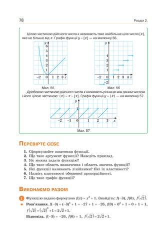 Розділ 2.78
Цілою частиною дійсного числа x називають таке найбільше ціле число [x],
яке не більше від x. Графік функції y [x] — на малюнку 56.
2 0
1
6
5
4
3
2
1 2 3 x
y
2
2
0
1
4
3
2
1 2 3 4 x
y
Мал. 55 Мал. 56
Дробовою частиною дійсного числа x називають різницю між даним числом
і його цілою частиною: {x} x – [x]. Графік функції y {x} — на малюнку 57.
12 0
1
1 2 3 x
y
Мал. 57
ПЕРЕВІРТЕ СЕБЕ
1. Сформулюйте означення функції.
2. Що таке аргумент функції? Наведіть приклад.
3. Як можна задати функцію?
4. Що таке область визначення і область значень функції?
5. Які функції називають лінійними? Які їх властивості?
6. Назвіть властивості оберненої пропорційності.
7. Що таке графік функції?
ВИКОНАЄМО РАЗОМ
1 Функцію задано формулою f(x) x3
1. Знайдіть: f(–3), f(0), ( )f 2 .
Розв’язання. f(–3) (–3)3
1 –27 1 –26, f(0) 03
1 0 1 1,
( ) ( )f = + = +
3
2 2 1 2 2 1.
Відповідь. f(–3) –26, f(0) 1, ( )f = +2 2 2 1.
 