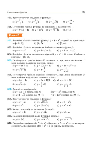 Квадратична функція 93
360. Зростаючою чи спадною є функція:
а)
x
y =
2
;
5
б)
x
y =
5
;
2
в) y x=
1
;
3
г)
x
y
x
−
= ?
5
361. Побудуйте графік функції та запишіть її властивості:
а) y 0,5x – 1; б) y 2x2
; в) y x= +1; г) y x–1
.
РІВЕНЬ Б
362. Знайдіть область значень функції у 4 – x2
, заданої на проміжку:
а) [– 3; 3]; б) [1; 7); в) [ )∞0; .
363. Знайдіть область визначення і область значень функції:
а) y 4 x2
; б) y x= + +3 2; в) y 1 : (1 x2
).
364. Знайдіть область визначення функції y x3
– 8, якщо її область
значень [–35; 0].
365. Не будуючи графіка функції, встановіть, при яких значеннях x
вона набуває додатних значень, якщо:
а) y –2x 5; в) y 0,5x – 3; ґ) y 3x – x2
– 2;
б) y x= + 4; г) y
x
= −
1
3 ; д)
x
y
x
=
+
.
1
366. Не будуючи графіка функції, встановіть, при яких значеннях x
вона набуває недодатних значень, якщо:
а) y 5x – 1; в) y (x 1)(1 – x); ґ) y (x 2)3
;
б) y x= −4; г) y
x
= +
6
2; д) y
x
= −
−
1
1.
1
367. Доведіть, що функція:
а) y 3x 5 зростає на R; в) y –x3
спадає на R;
б) y x= −1 спадає на [ )∞0; ; г) y 2x2
зростає на [ )∞0; .
368. Зростаючою чи спадною є функція:
а) y x – 5; в) y x= +3 ; ґ) y 8 – x3
;
б) y 2x3
; г) y x= −13 ; д) y x3
x?
369. Укажіть проміжки спадання функції:
а) y x4
3; б) y x= −3 ; в) y x x= − .
370. На яких проміжках дана функція зростає:
а) y x x= ⋅ ; б) y x= + 2
4 ; в) y x= − 2
4 ?
371. Покажіть, що функція f(x) x4
3 парна, а f(x) x3
x — непарна.
Покажіть, що функція f(x) x2
x ні парна, ні непарна.
 