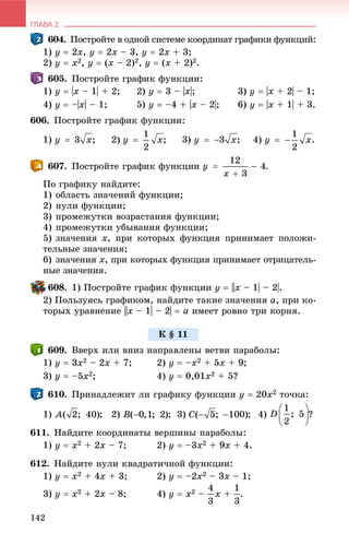 ГЛАВА 2
142
604. Ïîñòðîéòå â îäíîé ñèñòåìå êîîðäèíàò ãðàôèêè ôóíêöèé:
1) y  2x, y  2x – 3, y  2x + 3;
2) y  x2, y  (x – 2)2, y  (x + 2)2.
605. Ïîñòðîéòå ãðàôèê ôóíêöèè:
1) y  |x – 1| + 2; 2) y  3 – |x|; 3) y  |x + 2| – 1;
4) y  –|x| – 1; 5) y  –4 + |x – 2|; 6) y  |x + 1| + 3.
606. Ïîñòðîéòå ãðàôèê ôóíêöèè:
1) ; 2) ; 3) ; 4) .
607. Ïîñòðîéòå ãðàôèê ôóíêöèè .
Ïî ãðàôèêó íàéäèòå:
1) îáëàñòü çíà÷åíèé ôóíêöèè;
2) íóëè ôóíêöèè;
3) ïðîìåæóòêè âîçðàñòàíèÿ ôóíêöèè;
4) ïðîìåæóòêè óáûâàíèÿ ôóíêöèè;
5) çíà÷åíèÿ x, ïðè êîòîðûõ ôóíêöèÿ ïðèíèìàåò ïîëîæè-
òåëüíûå çíà÷åíèÿ;
6) çíà÷åíèÿ x, ïðè êîòîðûõ ôóíêöèÿ ïðèíèìàåò îòðèöàòåëü-
íûå çíà÷åíèÿ.
608. 1) Ïîñòðîéòå ãðàôèê ôóíêöèè y  ||x – 1| – 2|.
2) Ïîëüçóÿñü ãðàôèêîì, íàéäèòå òàêèå çíà÷åíèÿ a, ïðè êî-
òîðûõ óðàâíåíèå ||x – 1| – 2|  a èìååò ðîâíî òðè êîðíÿ.
609. Ââåðõ èëè âíèç íàïðàâëåíû âåòâè ïàðàáîëû:
1) y  3x2 – 2x + 7; 2) y  –x2 + 5x + 9;
3) y  –5x2; 4) y  0,01x2 + 5?
610. Ïðèíàäëåæèò ëè ãðàôèêó ôóíêöèè y  20x2 òî÷êà:
1) ; 2) ; 3) ; 4) ?
611. Íàéäèòå êîîðäèíàòû âåðøèíû ïàðàáîëû:
1) y  x2 + 2x – 7; 2) y  –3x2 + 9x + 4.
612. Íàéäèòå íóëè êâàäðàòè÷íîé ôóíêöèè:
1) y  x2 + 4x + 3; 2) y  –2x2 – 3x – 1;
3) y  x2 + 2x – 8; 4) y  x2 – x + .
Ê § 11
 