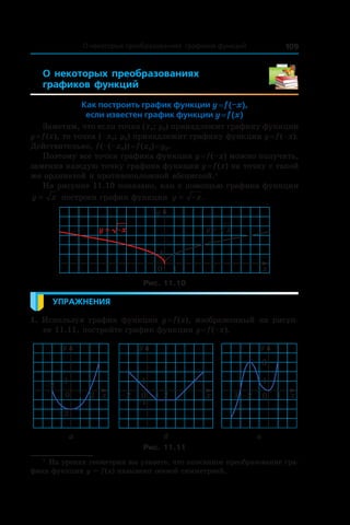 109О некоторых преобразованиях графиков функций
О некоторых преобразованиях
графиков функций
Как построить график функции y = f (–x),
если известен график функции y = f (x)
Заметим, что если точка (x0; y0) принадлежит графику функции
y = f (x), то точка (–x0; y0) принадлежит графику функции y = f (–x).
Действительно, f (–(–x0)) = f (x0) = y0.
Поэтому все точки графика функции y = f (–x) можно получить,
заменив каждую точку графика функции y = f (x) на точку с такой
же ординатой и противоположной абсциссой.1
На рисунке 11.10 показано, как с помощью графика функции
y x= построен график функции y x= − .
x
y
0
1
1
y = x− xy =
Рис. 11.10
Упражнения
1.  Используя график функции y = f (x), изображенный на рисун-
ке 11.11, постройте график функции y = f (–x).
0 21
1
x
y
–2
–2
0
1
x
y
1–2 2
–1
0 x
y
1
1
–2
3
–3
а б в
Рис. 11.11
1
 На уроках геометрии вы узнаете, что описанное преобразование гра-
фика функции y = f (x) называют осевой симметрией.
 