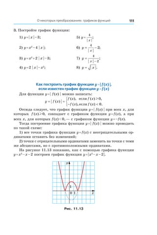 111О некоторых преобразованиях графиков функций
3. Постройте график функции:
1) y = | x | – 3;	 5) y = 
4
| |
;
x
2) y = x2
 – 4 | x |;	 6) y
x
= −
4
2;
3) y = x2
 + 2 | x | – 3;	 7) y
x
=
−
4
2
;
4) y = 2 | x | – x2
;	 8) y x= .
Как построить график функции y = | f (x) |,
если известен график функции y = f (x)
Для функции y = | f (x) | можно записать:
y f x
f x f x
f x f x
= =
− <



( )
( ), ( ) ,
( ), ( ) .
если
если
l 0
0
Отсюда следует, что график функции y = | f (x) | при всех x, для
которых f x( ) ,l 0 совпадает с  графиком функции y = f (x), а  при
всех x, для которых f (x) < 0, — с графиком функции y = –f (x).
Тогда построение графика функции y = | f (x) | можно проводить
по такой схеме:
1) все точки графика функции y = f (x) с неотри­цательными ор-
динатами оставить без изменений;
2) точки с отрицательными ординатами заменить на точки с теми
же абсциссами, но с противоположными ординатами.
На рисунке 11.13 показано, как с помощью графика функции
y = x2
 – x – 2 построен график функции y = | x2
 – x – 2 |.
x
y
0 1
1
Рис. 11.13
 