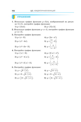 § 2. Квадратичная функция114
Упражнения
1.  Используя график функции y = f (x), изображенный на рисун-
ке 11.11, постройте график функции:
1) y = | f (x) |; 	 2) y = | f (| x |) |.
2. Используя график функции y = x + 2, постройте график функции
y = | x + 2 |.
3. Постройте график функции:
1) y = | x – 3 |;	 4) y = | 2x – x2
 |;
2) y = | x2
 – 4x |;	 5) y
x
= −
4
2 ;
3) y = | x2
 + 2x – 3 |;	 6) y
x
=
−
4
2
.
4. Постройте график функции:
1) y = | | x | – 3 |;	 4) y = | 2 | x | – x2
 |;
2) y = | x2
 – 4 | x | |;	 5) y
x
= −
4
2 ;
3) y = | x2
 + 2 | x | – 3 |;	 6) y
x
=
−
4
2
.
5. Постройте график функции:
1) y x= −4 ; 	 4) y x= −4 ;
2) y x= − −3 4 ; 	 5) y x= − −3 4 ;
3) y x= − −3 4 ;	 6) y x= − −3 4 .
 
