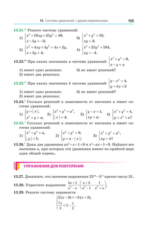 13. Системы уравнений с двумя переменными 135
13.21.••
 Решите систему уравнений:
1)
x xy y
x y
2 2
10 25 49
5 3
+ + =
− = −



,
;
	 3)
x y
xy
2 2
10
3
+ =
=



,
;
2)
x xy y x y
x y
2 2
4 4 4 2
2 4
+ + = +
+ =



,
;
	 4)
x y
xy
2 2
25 104
4
+ =
= −



,
.
13.22.••
 При каких значениях a система уравнений
x y
x y a
2 2
9+ =
− =



,
1) имеет одно решение;	 3) не имеет решений?
2) имеет два решения;
13.23.••
 При каких значениях k система уравнений
y x
y kx
− =
= +



2
4
3
,
1) имеет одно решение;	 3) не имеет решений?
2) имеет два решения;
13.24.*
 Сколько решений в зависимости от значения a имеет си-
стема уравнений:
1)
y x
x y a
=
+ =




,
;2
	 2)
x y a
x
2 2 2
4
+ =
=




,
;
	 3)
y x
xy a
− =
=



1,
;
		4)
x y
y x a
2 2
2
4+ =
= +




,
?
13.25.*
 Сколько решений в зависимости от значения a имеет си-
стема уравнений:
1)
x y a
y
2 2
1
+ =
=




,
;
	 2)
x y
y a x
2 2
9+ =
= −




,
;
	 3)
x y a
xy
2 2 2
4
+ =
=



,
?
13.26.*
 Даны два уравнения ax2
 + x + 1 = 0 и x2
 + ax + 1 = 0. Найдите все
значения a, при которых эти уравнения имеют по крайней мере
один общий корень.
Упражнения для повторения
13.27. Докажите, что значение выражения 2510
 – 517
кратно числу 31.
13.28. Упростите выражение
5 5 3
1
1
2 2 2
a
a a
a
a a a
+
−
+
− +
−



: .
13.29. Решите систему неравенств
2 3 3 2
1
7
3 2
( ) ( ),
.
x x
x x
− − +
−




l
m
 