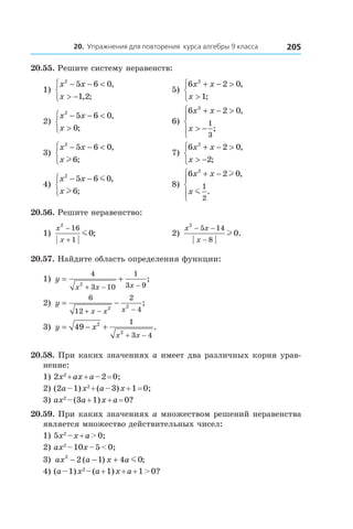 20. Упражнения для повторения курса алгебры 9 класса 205
20.55. Решите систему неравенств:
1)
x x
x
2
5 6 0
1 2
− − <
> −



,
, ;
	 5)
6 2 0
1
2
x x
x
+ − >
>



,
;
2)
x x
x
2
5 6 0
0
− − <
>



,
;
	 6)
6 2 02
1
3
x x
x
+ − >
> −





,
;
3)
x x
x
2
5 6 0
6
− − <


,
;l
	 7)
6 2 0
2
2
x x
x
+ − >
> −



,
;
4)
x x
x
2
5 6 0
6
− −


m
l
,
;
	 8)
6 2 02
1
2
x x
x
+ −




l
m
,
.
20.56. Решите неравенство:
1)
x
x
2
16
1
0
−
+
m ;	 2)
x x
x
2
5 14
8
0
− −
−
l .
20.57. Найдите область определения функции:
1) y
x x x
= +
+ − −
4
3 10
1
3 92
;	
2) y
x x x
= −
+ − −
6
12
2
42 2
;
3) y x
x x
= − +
+ −
49 2
2
1
3 4
.
20.58. При каких значениях a имеет два различных корня урав-
нение:
1) 2x2
 + ax + a – 2 = 0;	
2) (2a – 1) x2
 + (a – 3) x + 1 = 0;
3) ax2
 – (3a + 1) x + a = 0?
20.59. При каких значениях a множеством решений неравенства
является множество действительных чисел:
1) 5x2
 – x + a > 0;	
2) ax2
 – 10x – 5 < 0;	
3) ax a x a2
2 1 4 0− − +( ) ;m
4) (a – 1) x2
 – (a + 1) x + a + 1 > 0?
 