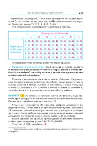 21. Основные правила комбинаторики 213
7 карпатских маршрутов. Поскольку маршрутов по Надднепрян-
щине 5, то количество пар (маршрут по Надднепрянщине; маршрут
по Карпатам) равно 7 + 7 + 7 + 7 + 7 = 7 . 5 = 35.
Эти соображения иллюстрирует следующая таблица:
Маршруты по Карпатам
1 2 3 4 5 6 7
Маршруты
по Наддне­
прянщине
1 (1; 1) (1; 2) (1; 3) (1; 4) (1; 5) (1; 6) (1; 7)
2 (2; 1) (2; 2) (2; 3) (2; 4) (2; 5) (2; 6) (2; 7)
3 (3; 1) (3; 2) (3; 3) (3; 4) (3; 5) (3; 6) (3; 7)
4 (4; 1) (4; 2) (4; 3) (4; 4) (4; 5) (4; 6) (4; 7)
5 (5; 1) (5; 2) (5; 3) (5; 4) (5; 5) (5; 6) (5; 7)
Обобщением этого примера является такое правило.
Правило произведения. Если элемент a можно выбрать
m способами и после каждого такого выбора элемент b можно вы-
брать k способами1
, то выбор «a и b» в указанном порядке можно
осуществить mk способами.
Правило произведения также естественно обобщить. Например,
если элемент a можно выбрать m способами, после каждого такого
выбора элемент b можно выбрать k способами, и после того, как
выбраны элементы a и b, элемент c можно выбрать n способами,
то выбор «a и b и c» можно осуществить mkn способами.
Пример   1   Из класса, в котором учатся 28 человек, надо вы-
брать трех дежурных по одному на каждый из трех этажей школы.
Сколькими способами можно это сделать?
Решение. Существует 28 способов выбрать дежурного по
первому этажу. После того как этот выбор будет сделан, останется
27 учеников, каждый из которых может стать дежурным по второ-
му этажу. После выбора дежурных для первого и второго этажей
дежурного по третьему этажу можно выбрать 26 способами.
Таким образом, по правилу произведения количество способов
выбора трех дежурных равно 28 . 27 . 26 = 19 656.
Ответ: 19 656 способами. ◄
1
 Будем называть это свойство «принципом независимости количества
выборов».
 