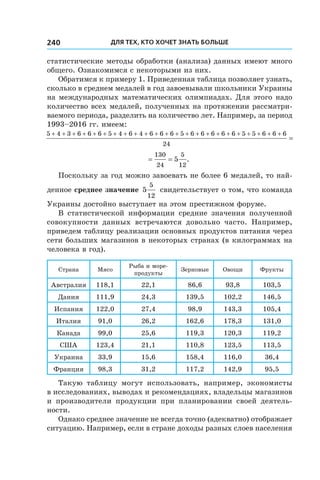 Для тех, кто хочет знать больше240
статистические методы обработки (анализа) данных имеют много
общего. Ознакомимся с некоторыми из них.
Обратимся к примеру 1. Приведенная таблица позволяет узнать,
сколько в среднем медалей в год завоевывали школьники Украины
на международных математических олимпиадах. Для этого надо
количество всех медалей, полученных на протяжении рассматри-
ваемого периода, разделить на количество лет. Например, за период
1993–2016 гг. имеем:
5 4 3 6 6 6 5 4 6 4 6 6 6 5 6 6 6 6 6 5 5 6 6 6
24
130
24
5
+ + + + + + + + + + + + + + + + + + + + + + +
= =
11
4 6 6 6 5 6 6 6 6 6 5 5 6 6 6
24
130
24
5
5
+ + + + + + + + + + + + + +
= =
112
.
Поскольку за год можно завоевать не более 6 медалей, то най-
денное среднее значение 5
5
12
свидетельствует о том, что команда
Украины достойно выступает на этом престижном форуме.
В статистической информации средние значения полученной
совокупности данных встречаются довольно часто. Например,
приведем таблицу реализации основных продуктов питания через
сети больших магазинов в некоторых странах (в килограммах на
человека в год).
Страна Мясо
Рыба и море-
продукты
Зерновые Овощи Фрукты
Австралия 118,1 22,1 86,6 93,8 103,5
Дания 111,9 24,3 139,5 102,2 146,5
Испания 122,0 27,4 98,9 143,3 105,4
Италия 91,0 26,2 162,6 178,3 131,0
Канада 99,0 25,6 119,3 120,3 119,2
США 123,4 21,1 110,8 123,5 113,5
Украина 33,9 15,6 158,4 116,0 36,4
Франция 98,3 31,2 117,2 142,9 95,5
Такую таблицу могут использовать, например, экономисты
в исследованиях, выводах и рекомендациях, владельцы магазинов
и  производители продукции при планировании своей деятель-
ности.
Однако среднее значение не всегда точно (адекватно) отображает
ситуацию. Например, если в стране доходы разных слоев населения
 