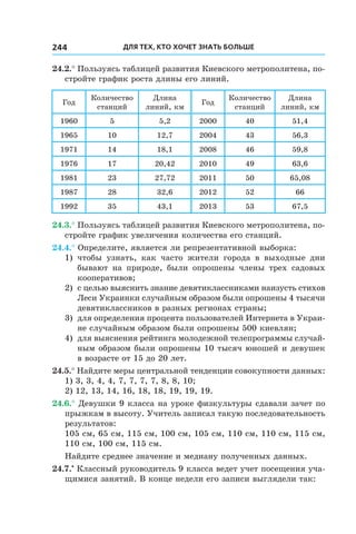 Для тех, кто хочет знать больше244
24.2.° Пользуясь таблицей развития Киевского метрополитена, по-
стройте график роста длины его линий.
Год
Количество
станций
Длина
линий, км
Год
Количество
станций
Длина
линий, км
1960 5 5,2 2000 40 51,4
1965 10 12,7 2004 43 56,3
1971 14 18,1 2008 46 59,8
1976 17 20,42 2010 49 63,6
1981 23 27,72 2011 50 65,08
1987 28 32,6 2012 52 66
1992 35 43,1 2013 53 67,5
24.3.° Пользуясь таблицей развития Киевского метрополитена, по-
стройте график увеличения количества его станций.
24.4.° Определите, является ли репрезентативной выборка:
1)	 чтобы узнать, как часто жители города в  выходные дни
бывают на природе, были опрошены члены трех садовых
кооперативов;
2)	 с целью выяснить знание девятиклассниками наизусть стихов
Леси Украинки случайным образом были опрошены 4 тысячи
девятиклассников в разных регионах страны;
3)	 для определения процента пользователей Интернета в Украи-
не случайным образом были опрошены 500 киевлян;
4)	 для выяснения рейтинга молодежной телепрограммы случай-
ным образом были опрошены 10 тысяч юношей и девушек
в возрасте от 15 до 20 лет.
24.5.° Найдите меры центральной тенденции совокупности данных:
1) 3, 3, 4, 4, 7, 7, 7, 7, 8, 8, 10;
2) 12, 13, 14, 16, 18, 18, 19, 19, 19.
24.6.° Девушки 9 класса на уроке физкультуры сдавали зачет по
прыжкам в высоту. Учитель записал такую последовательность
результатов:
105 см, 65 см, 115 см, 100 см, 105 см, 110 см, 110 см, 115 см,
110 см, 100 см, 115 см.
Найдите среднее значение и медиану полученных данных.
24.7.•
 Классный руководитель 9 класса ведет учет посещения уча-
щимися занятий. В конце недели его записи выглядели так:
 
