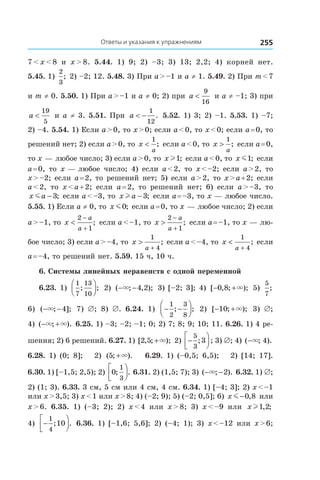 Ответы и указания к упражнениям 255
7 < x < 8 и  x > 8. 5.44.  1)  9; 2)  –3; 3)  13; 2,2; 4)  корней нет.
5.45. 1) 
2
3
; 2) –2; 12. 5.48. 3) При a > –1 и a ≠ 1. 5.49. 2) При m < 7
и m ≠ 0. 5.50. 1) При a > –1 и a ≠ 0; 2) при a <
9
16
и a ≠ –1; 3) при
a <
19
5
и a ≠ 3. 5.51. При a < −
1
12
. 5.52. 1) 3; 2) –1. 5.53. 1) –7;
2) –4. 5.54. 1) Если a > 0, то x > 0; если a < 0, то x < 0; если a = 0, то
решений нет; 2) если a > 0, то x
a
<
1
; если a < 0, то x
a
>
1
; если a = 0,
то x — любое число; 3) если a > 0, то x l1; если a < 0, то x m1; если
a = 0, то x — любое число; 4)  если a < 2, то x < –2; если a > 2, то
x > –2; если a = 2, то решений нет; 5) если a > 2, то x > a + 2; если
a < 2, то x < a + 2; если a = 2, то решений нет; 6)  если a > –3, то
x am − 3; если a < –3, то x al − 3; если a = –3, то x — любое число.
5.55. 1) Если a ≠ 0, то x m0; если a = 0, то x — любое число; 2) если
a > –1, то x
a
a
<
−
+
2
1
; если a < –1, то x
a
a
>
−
+
2
1
; если a = –1, то x — лю-
бое число; 3) если a > –4, то x
a
>
+
1
4
; если a < –4, то x
a
<
+
1
4
; если
a = –4, то решений нет. 5.59. 15 ч, 10 ч.
6. Системы линейных неравенств с одной переменной
6.23. 1) 
1
7
13
10
; ;



 2)  ( ; , );− −× 4 2 3) [–2; 3]; 4)  [ , ; );− +0 8 × 5) 
5
7
;
6)  ( ; ];− −× 4 7)  ∅; 8)  ∅. 6.24.  1)  − −




1
2
3
8
; ; 2)  [ ; );− +10 × 3)  ∅;
4)  ( ; ).− +× × 6.25. 1) –3; –2; –1; 0; 2) 7; 8; 9; 10; 11. 6.26. 1) 4 ре-
шения; 2) 6 решений. 6.27. 1) [ , ; );2 5 +× 2)  −




5
3
3; ; 3) ∅; 4) ( ; ).−× 4
6.28.  1) (0;  8]; 2)  ( ; ).5 +× 6.29.  1) (–0,5;  6,5); 2) [14;  17].
6.30. 1) [–1,5; 2,5); 2)  0
1
3
; .



 6.31. 2) (1,5; 7); 3) ( ; ).− −× 2 6.32. 1) ∅;
2) (1; 3). 6.33. 3 см, 5 см или 4 см, 4 см. 6.34. 1) [–4; 3]; 2) x < –1
или x > 3,5; 3) x < 1 или x > 8; 4) (–2; 9); 5) (–2; 0,5]; 6) x m −0 8, или
x > 6. 6.35.  1) (–3; 2); 2)  x < 4 или x > 8; 3)  x < –9 или x l1 2, ;
4)  −




1
4
10; . 6.36.  1)  [–1,6;  5,6]; 2) (–4;  1); 3)  x < –12 или x > 6;
 