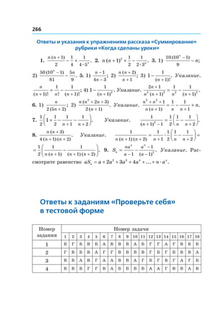 266
Ответы и указания к упражнениям рассказа «Суммирование»
рубрики «Когда сделаны уроки»
1. 
n n
n
( )
.
+
− +
1
2
1
4
1
4 5æ
2.  n n n
( ) .+ + −1 2 1
2
1
2 3æ
3. 1)
10 10 1
9
( )
;
n
n
−
−
2)
50 10 1
81
5
9
( )
.
n
n−
− 5. 1)
n
n
−
−
1
4 3
; 2)
n n
n
( )
;
+
+
2
1
3) 1
1
1
−
+( )!
.
n
Указание.
n
n n n( )! ! ( )!
;
+ +
= −
1
1 1
1
4) 1
1
1 2
−
+( )
.
n
Указание.
2 1
1
1 1
12 2 2 2
n
n n n n
+
+ +
= −
( ) ( )
.
6. 1)
n
n2 5 2( )
;
+
2)
n n n
n
( )
( )
.
2
2 3
2 1
+ +
+
Указание.
n n
n n n n
n
3 2
1
1
1 1
1
+ +
+ +
= − +
( )
.
7. 
1
2
1
2
1
1
1
2
1 + − −




+ +n n
. Указание.
1
1 1
1
2
1 1
22
( )
.
n n n+ − +
= −




8. 
n n
n n
( )
( ) ( )
.
+
+ +
3
4 1 2
Указание.
1
1 2
1
1
1
2
1 1
2n n n n n n( ) ( )+ + + +
= −



 =æ
= −



+ + +
1
2
1
1
1
1 2n n n n( ) ( ) ( )
. 9.  Sn
n n
na
a
a
a
= −
−
−
−1
1
1
2
( )
. Указание. Рас-
смотрите равенство aS a a a a n an
n
= + + + + +2 3 42 3 4
... .æ
Ответы к заданиям «Проверьте себя»
в тестовой форме
Номер
задания
Номер задачи
1 2 3 4 5 6 7 8 9 10 11 12 13 14 15 16 17 18
1 Б Г Б В Б А В В В А Б Г Г А Г В Б Б
2 Г В Б В А Г Г В В В В Г Б Г Б В В А
3 В Б А В Г А А В В А Г Б Г В Г А Г Б
4 Б В Б Г Г В А Б Б В Б А А Г В Б А В
 
