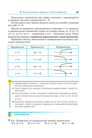 5. Решение линейных неравенств с одной переменной 35
Полученное неравенство при любом значении x превращается
в неверное числовое неравенство 0 < –9.
В этой задаче ответ можно записать одним из способов: решений
нет либо ∅. ◄
Каждое из неравенств, рассмотренных в примерах 1–5, сводилось
к равносильному неравенству одного из четырех видов: ax > b, ax < b,
ax bl , ax bm , где x — переменная, a и b — некоторые числа. Такие
неравенства называют линейными неравенствами с одной переменной.
Приведем таблицу обозначений и изображений изученных чис-
ловых промежутков:
Неравенство Промежуток Изображение
x > a (a; +∞)
a
x < a (–∞; a)
a
x al [a; +∞)
a
x am (–∞; a]
a
1.	Сформулируйте правила, с помощью которых можно получить нера-
венство, равносильное данному.
2.	 Какие неравенства называют линейными неравенствами с одной пе­
ременной?
3.	 Как записывают, читают, называют и изображают промежуток, являю-
щийся множеством решений неравенства вида: x > a? x < a? x al ?
x am ?
4.	Решением неравенства является любое число. Как в таком случае за-
писывают, читают и называют промежуток, являющийся множеством
решений неравенства?
Упражнения
 5.1.° Изобразите на координатной прямой промежуток:
1) [ ; );− +5 × 	 2) ( ; );− +5 × 	 3) ( ; );− −× 5 	 4) ( ; ].− −× 5
 